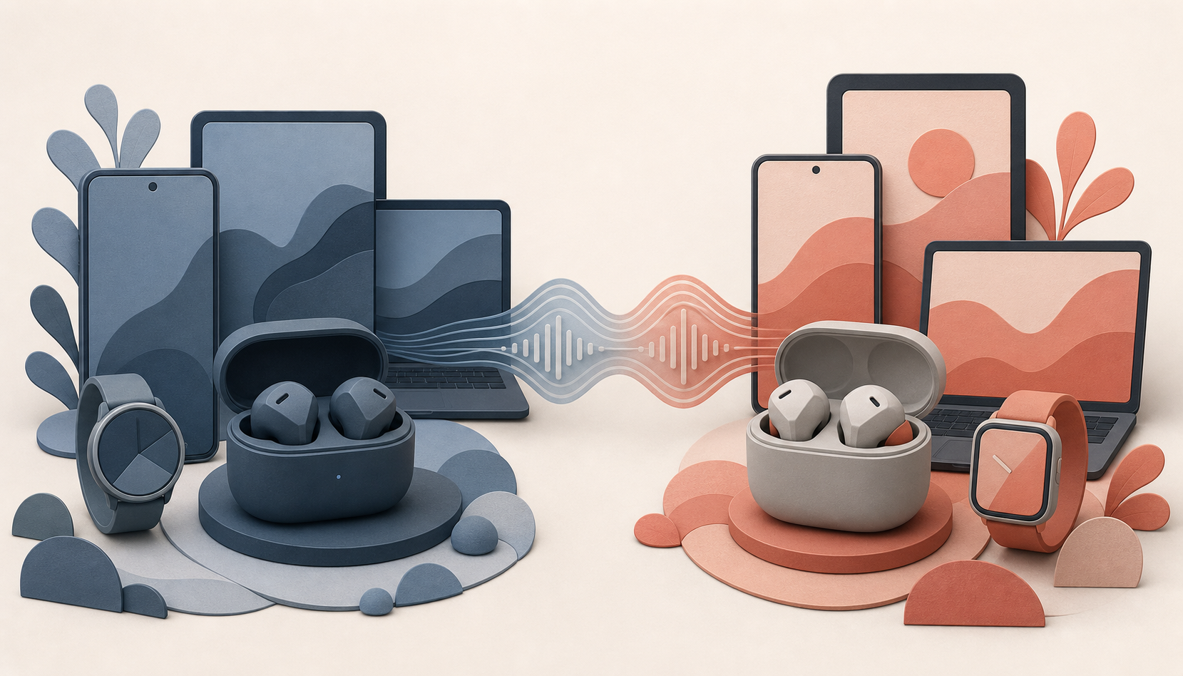 Two groups of generic wireless earbuds surrounded by phones, watches, tablets, and laptops