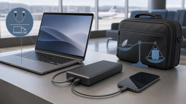 Generic high-capacity power bank charging a laptop and phone beside a travel bag