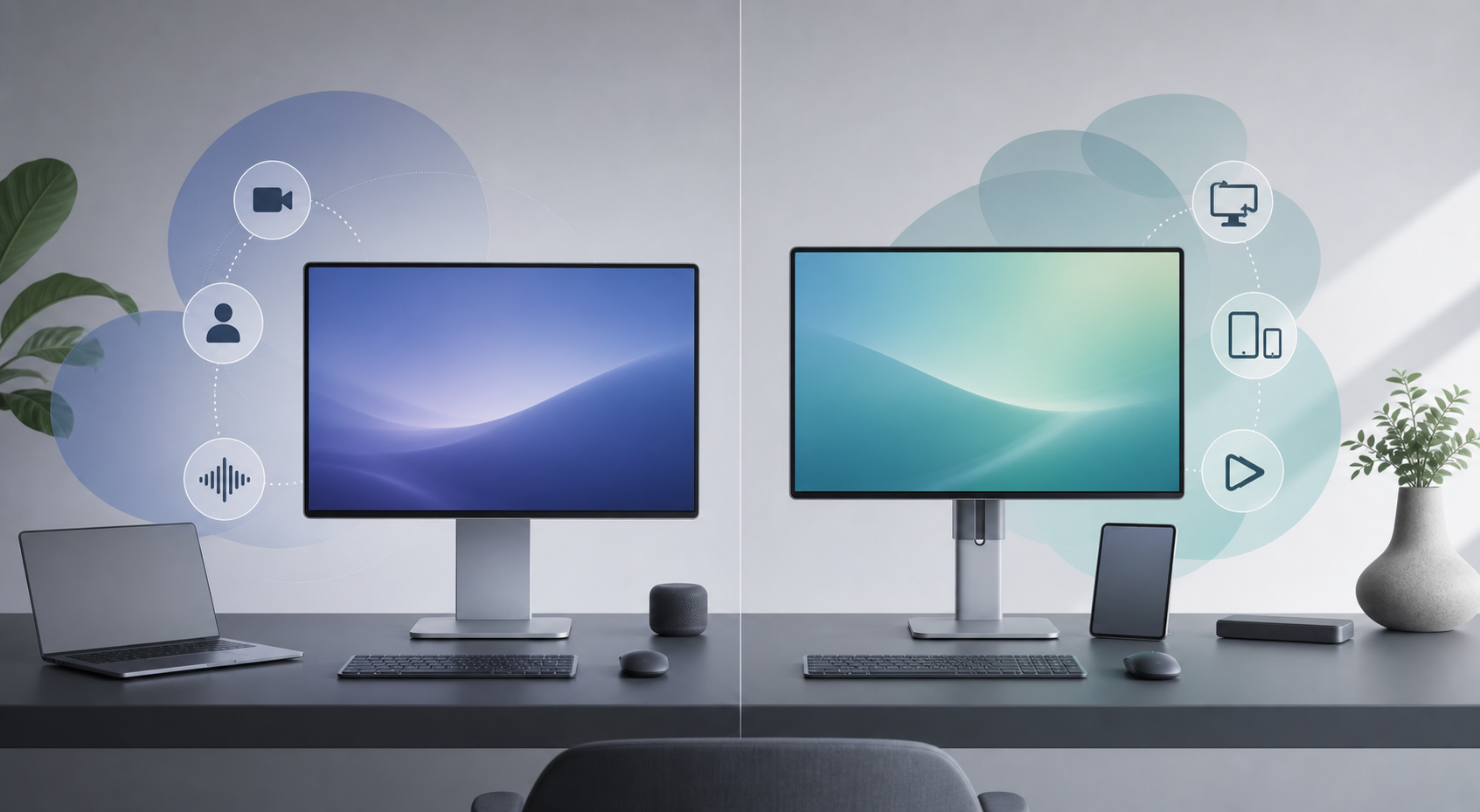 Two generic desktop monitors representing integrated and flexible multi-device workspaces