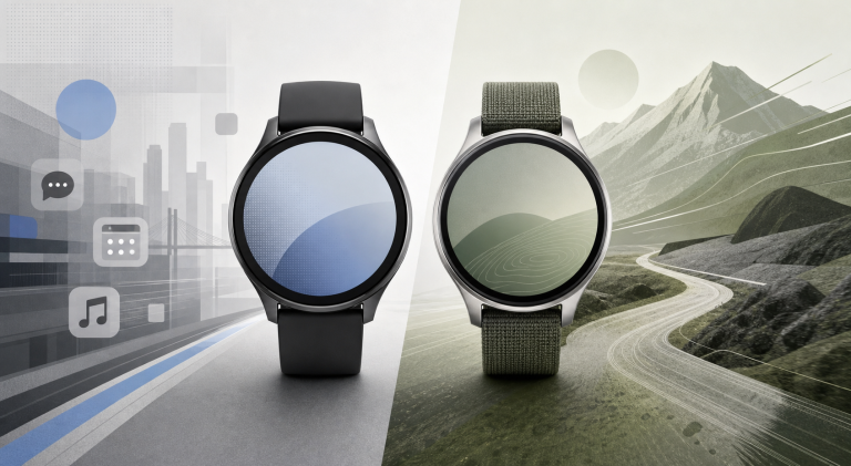 Two generic smartwatches representing connected city life and outdoor fitness training