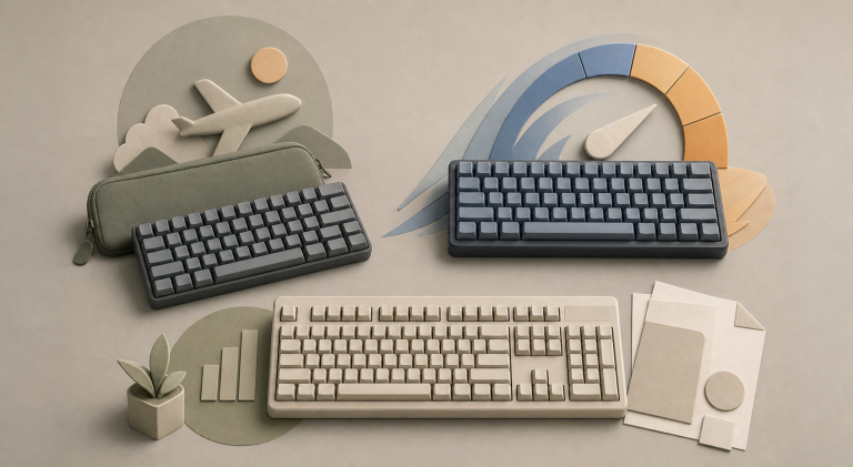 Three generic keyboards representing portable, gaming, and full-size work setups