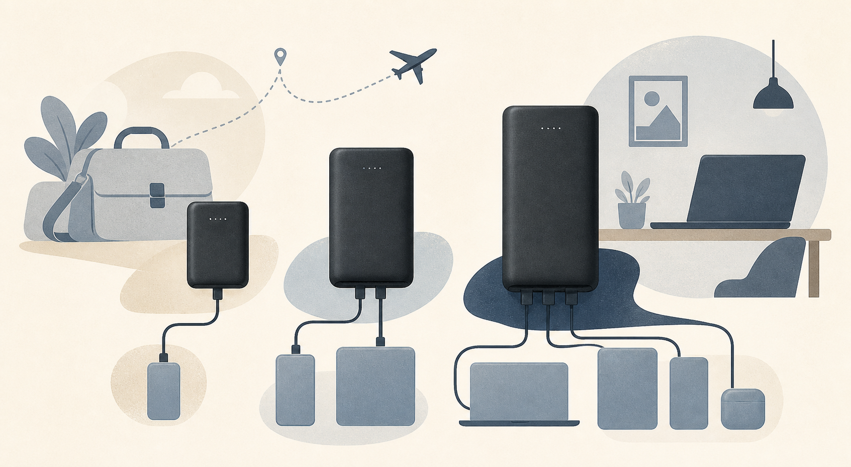 Editorial illustration showing three generic power-bank sizes for travel, laptop work, and multi-device USB-C charging
