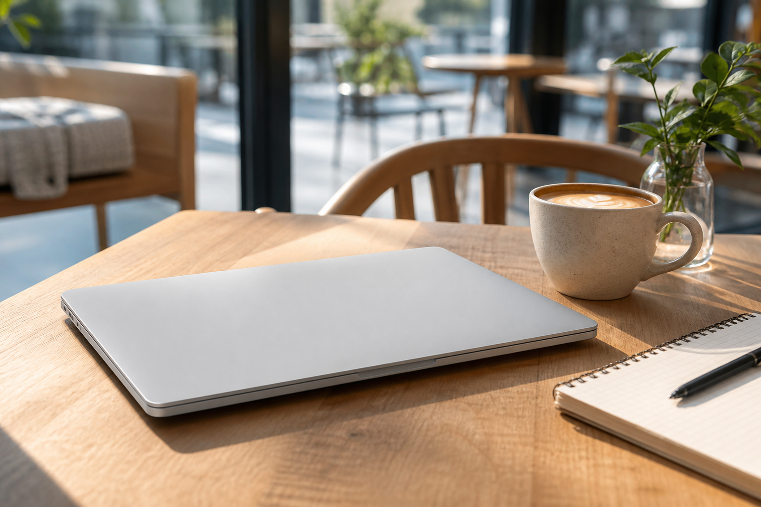 Generic thin laptop in a bright cafe-like setting suggesting portable everyday use