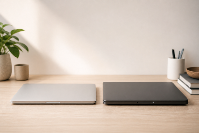 Two generic premium laptops suggesting everyday portability versus demanding desk work