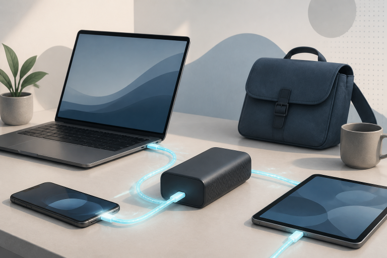 Generic high-output power bank charging a laptop, phone, and tablet on a mobile-work desk