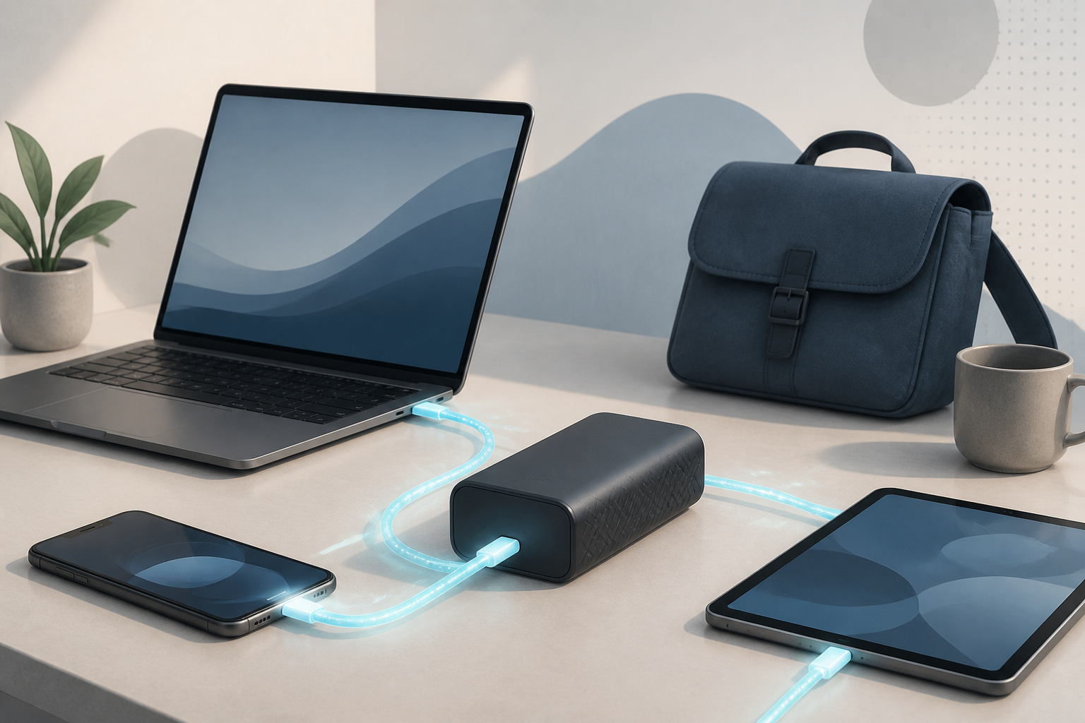 Generic high-output power bank charging a laptop, phone, and tablet on a mobile-work desk