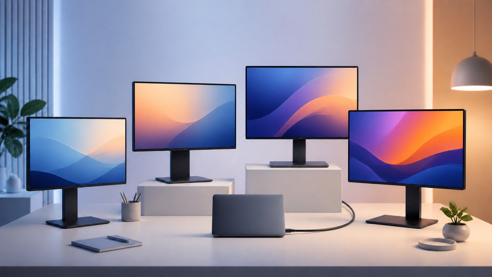 Four generic displays illustrating the best 4K monitors for work across different budgets