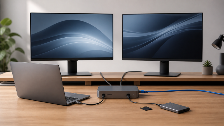 Generic laptop docking station connecting a Mac-style laptop to two monitors, Ethernet, storage, and a memory card