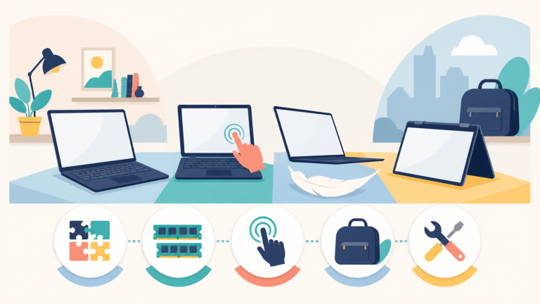 Four generic laptops arranged around icons for compatibility, memory, portability, touch use, and repair