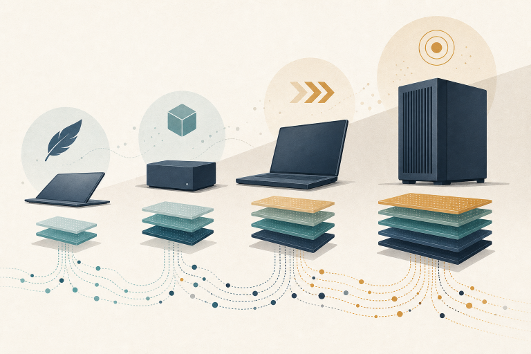 Best Mac for local LLMs guide shown as generic laptops and desktops with progressively larger memory layers