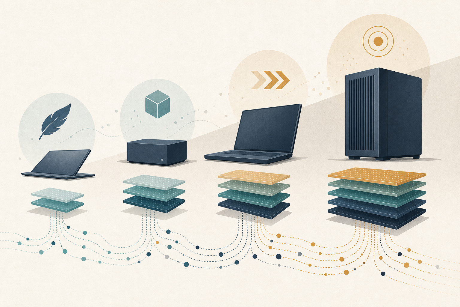 Best Mac for local LLMs guide shown as generic laptops and desktops with progressively larger memory layers