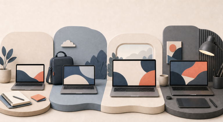 Four generic laptops arranged for budget, travel, large-screen, and professional work