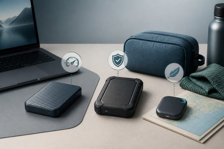 Three generic portable storage drives illustrating speed, rugged protection, and compact travel use
