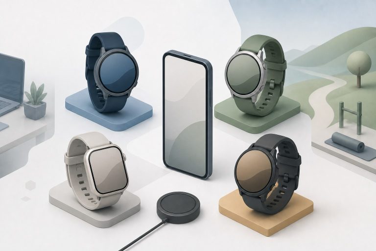 Four generic smartwatches surrounding a phone and charging puck in work and outdoor settings
