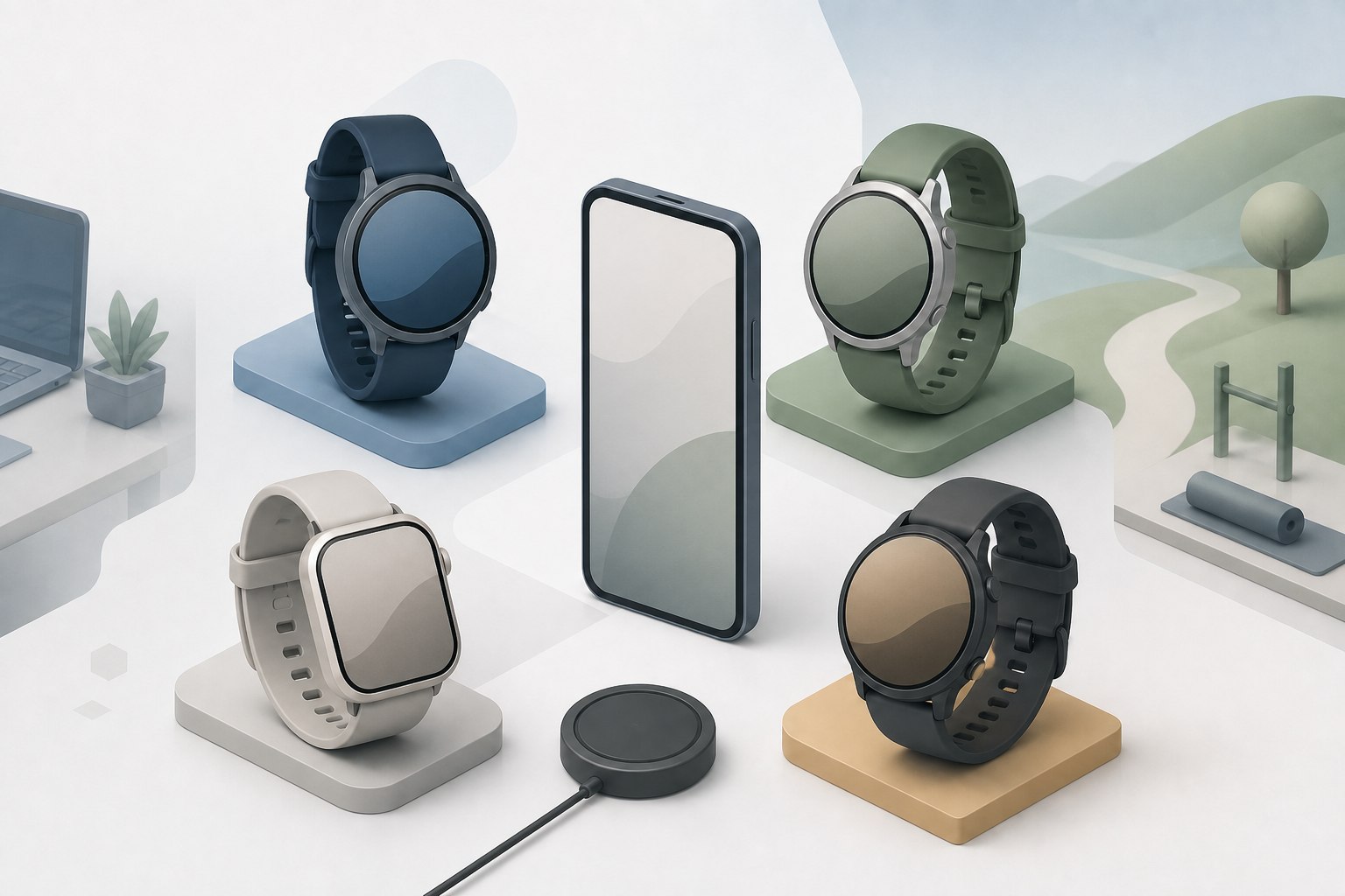 Four generic smartwatches surrounding a phone and charging puck in work and outdoor settings