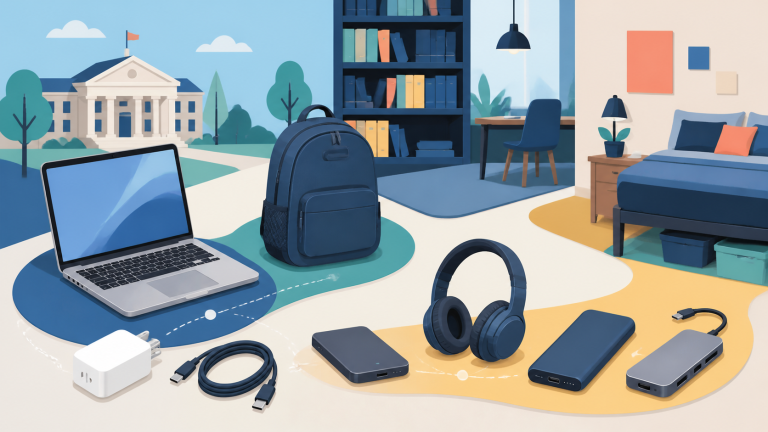 A generic college study kit with a laptop, backpack, charger, backup drive, headphones, power bank, and USB-C hub