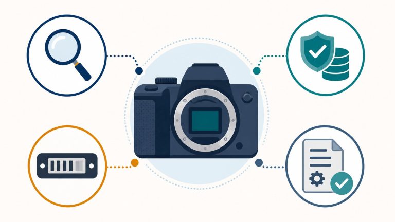 Generic camera surrounded by symbols for official recall search, serial verification, and repair records