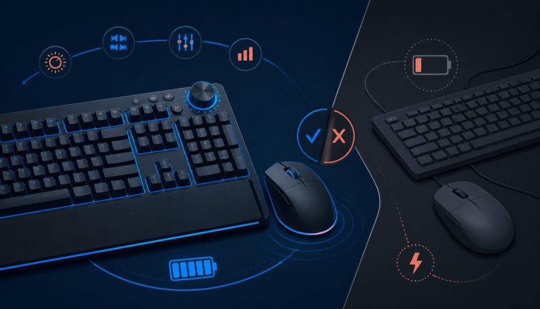 Generic gaming keyboard with a rotary control dial beside a wireless mouse and battery symbol