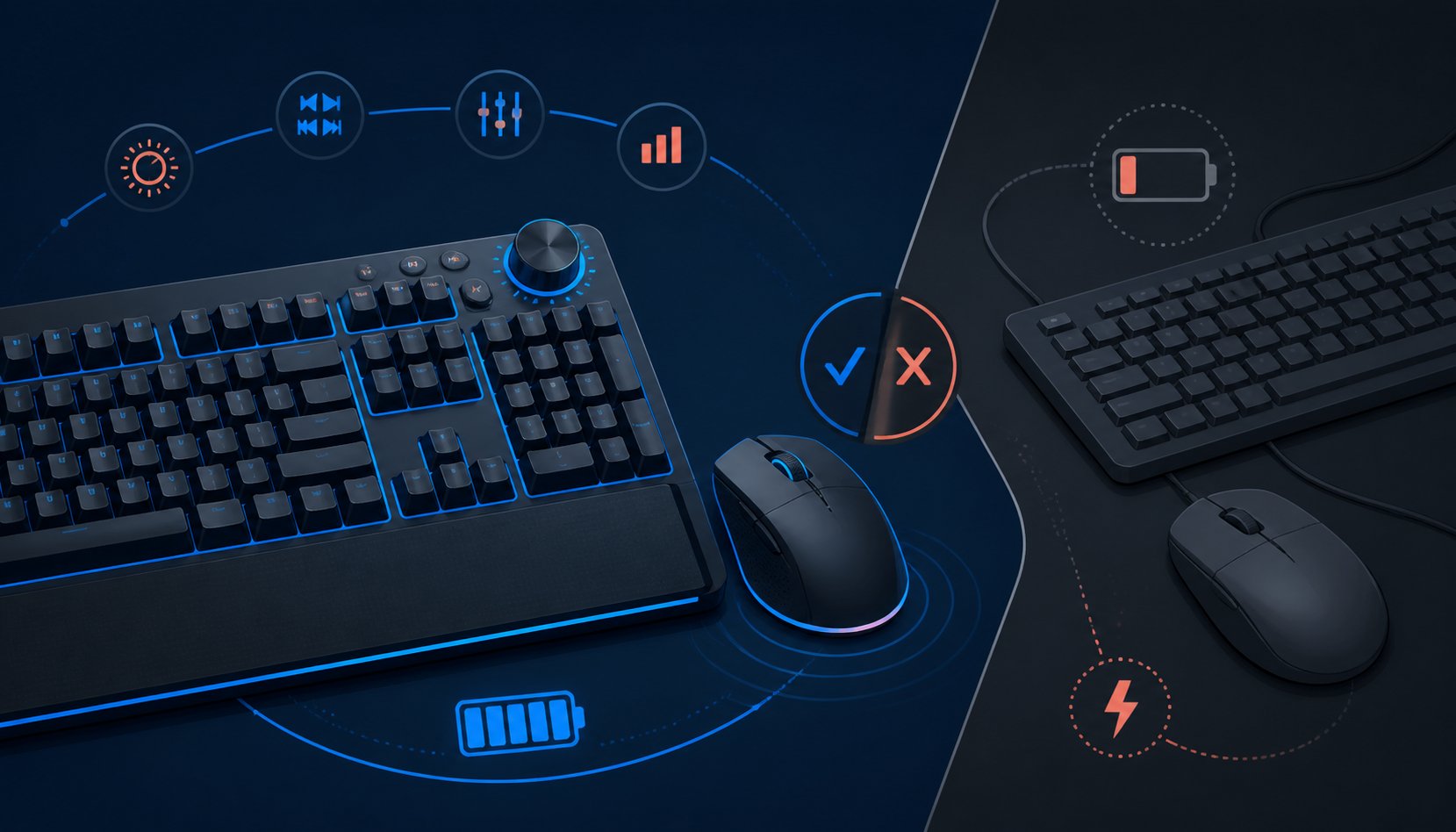 Generic gaming keyboard with a rotary control dial beside a wireless mouse and battery symbol
