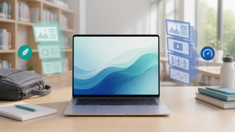 Generic lightweight laptop at a campus desk with abstract panels representing different multitasking loads