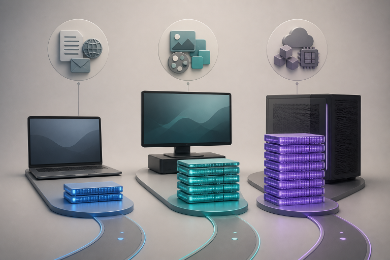 Three generic computer setups with progressively larger stacks of illuminated memory blocks