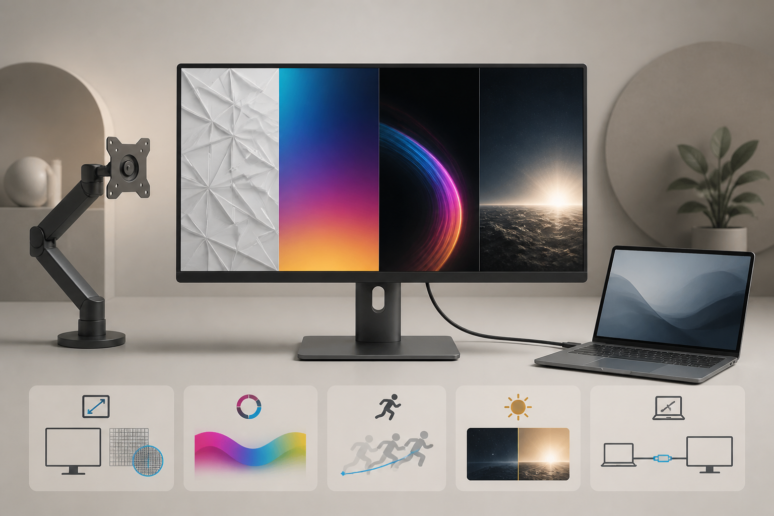 Generic monitor illustrating sharpness, color, motion, HDR contrast, and one-cable laptop connectivity