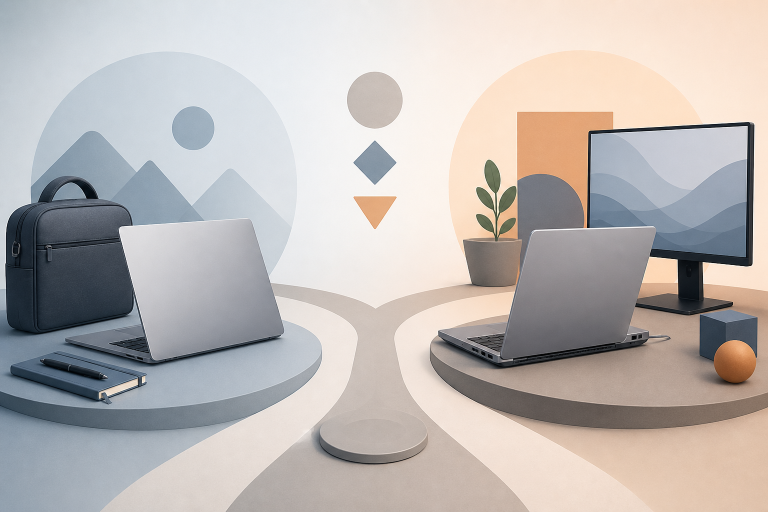 Two generic laptops representing portable work and a demanding desk setup
