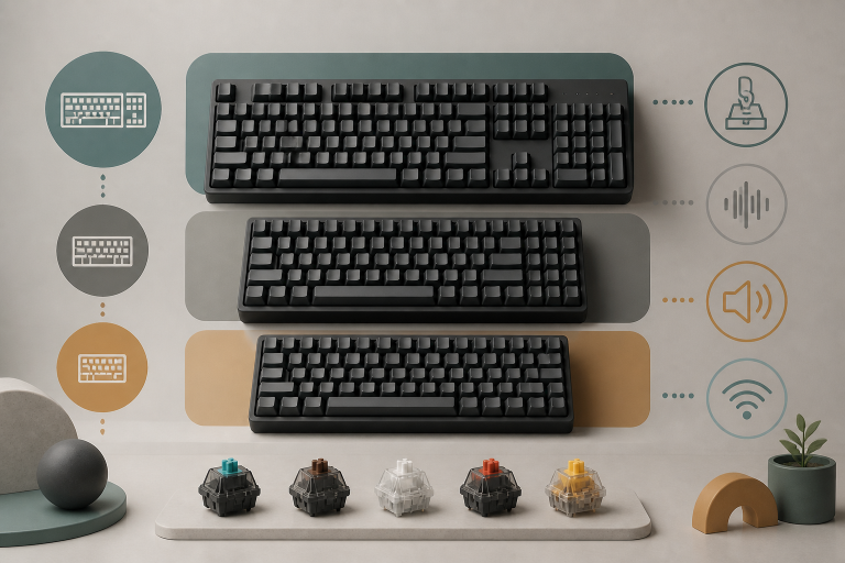 Three generic mechanical keyboard sizes with switch, sound, and wireless decision symbols