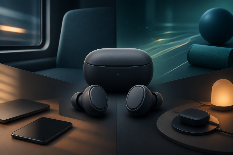 Generic wireless earbuds shown across commuting, exercise, multi-device, and charging settings