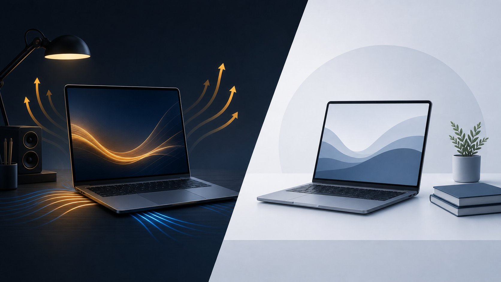 Two generic laptops illustrating the choice between premium professional features and a lower-cost alternative