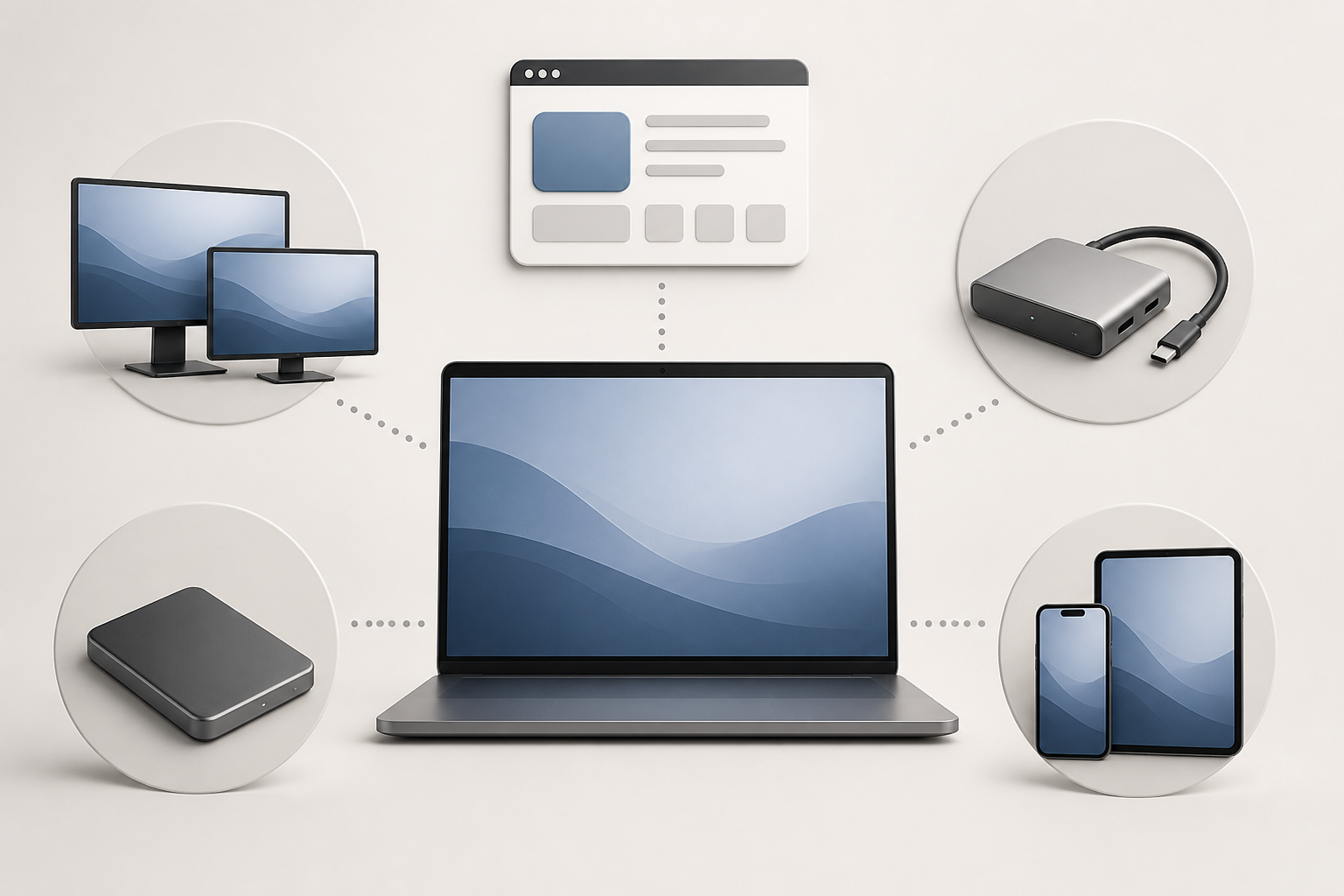 Generic laptop connected to symbols for apps, monitors, a dock, external storage, and mobile devices