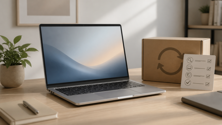 Refurbished MacBook Neo review illustrated by a generic inspected laptop and reusable shipping box