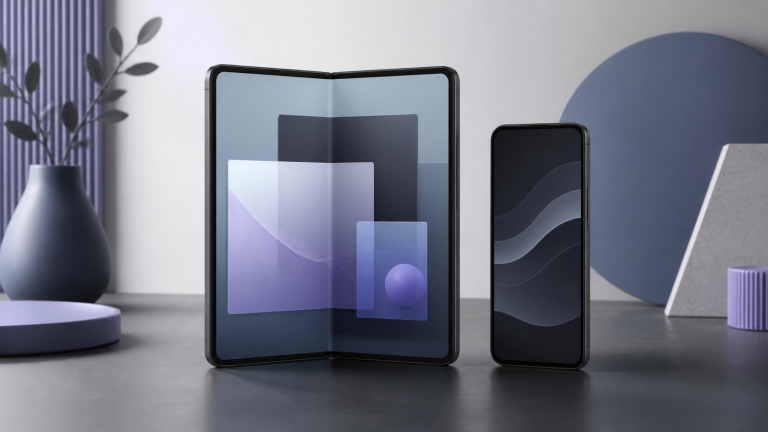 Generic foldable phone opened as a large workspace beside a smaller conventional phone