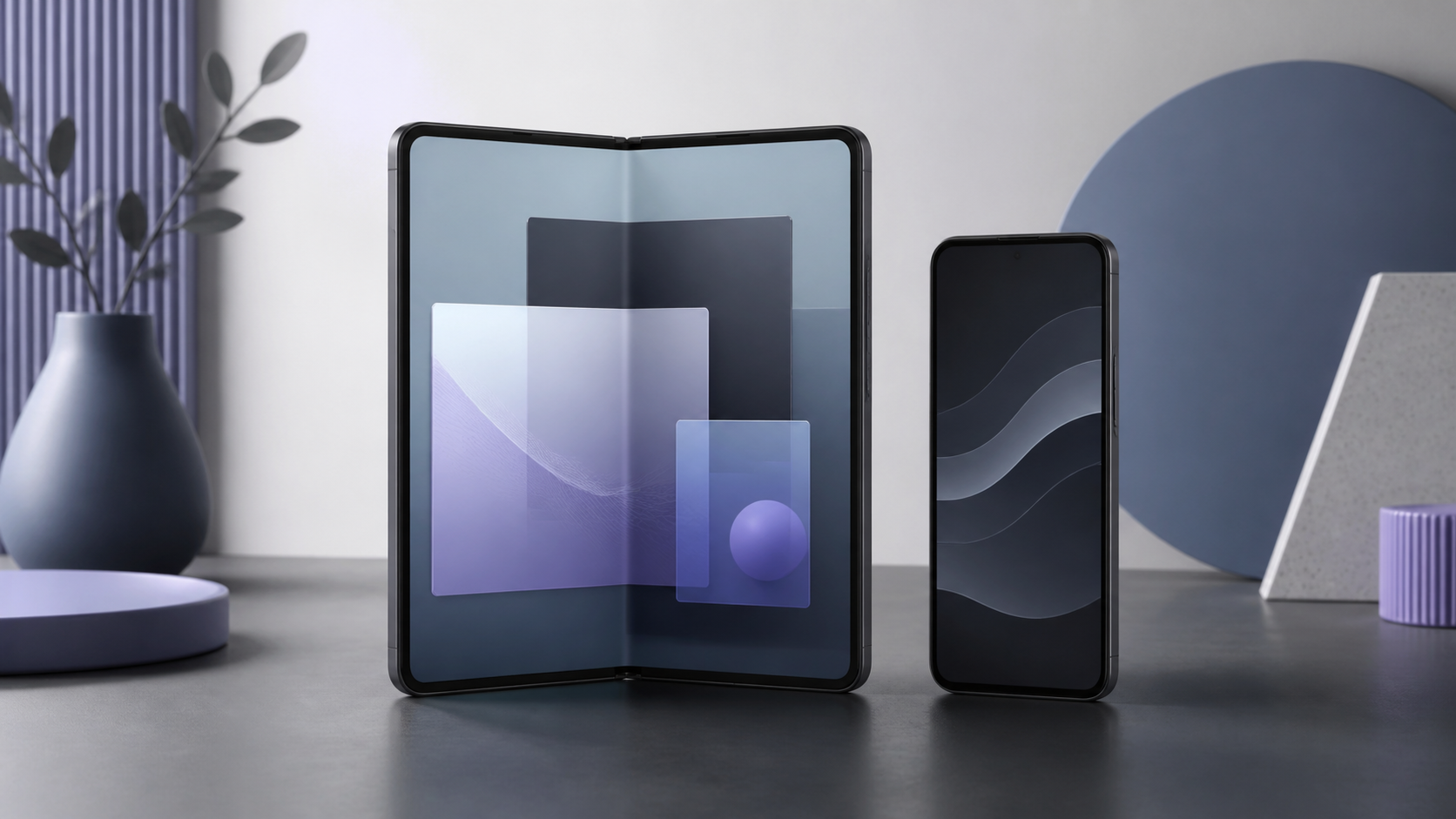 Generic foldable phone opened as a large workspace beside a smaller conventional phone