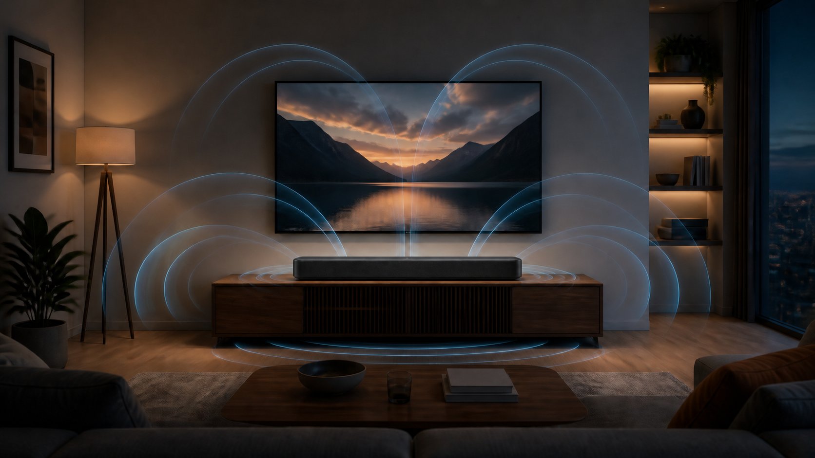 Generic all-in-one soundbar beneath a television with abstract sound arcs and no separate subwoofer or rear speakers