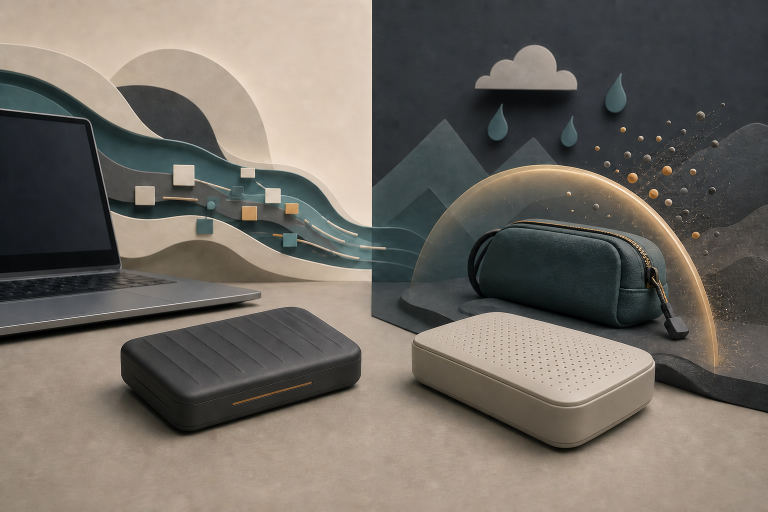 Two generic portable storage devices representing fast desk transfers and protected travel storage