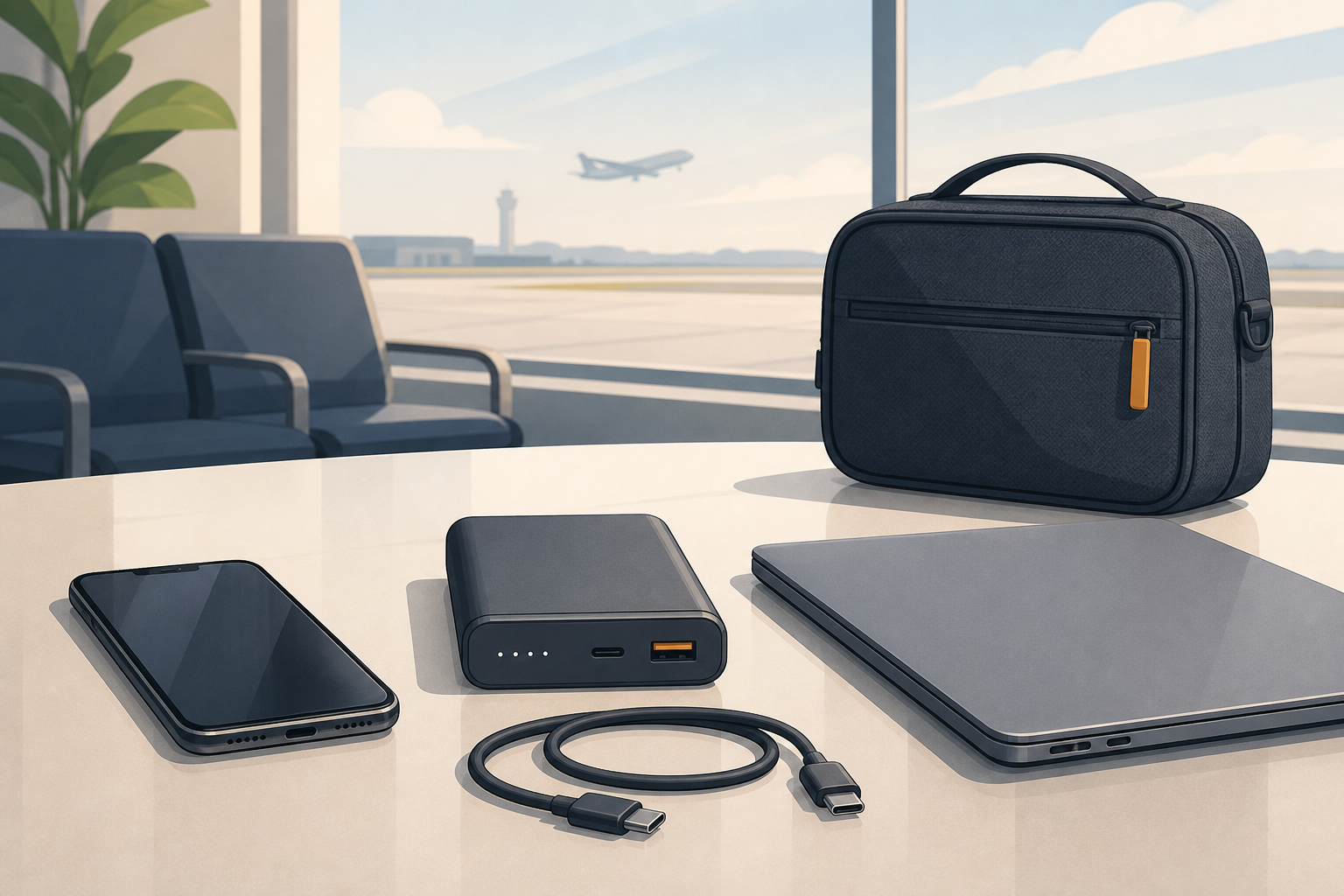 Power bank for travel beside a generic phone, laptop, cable, and carry-on bag in an airport lounge