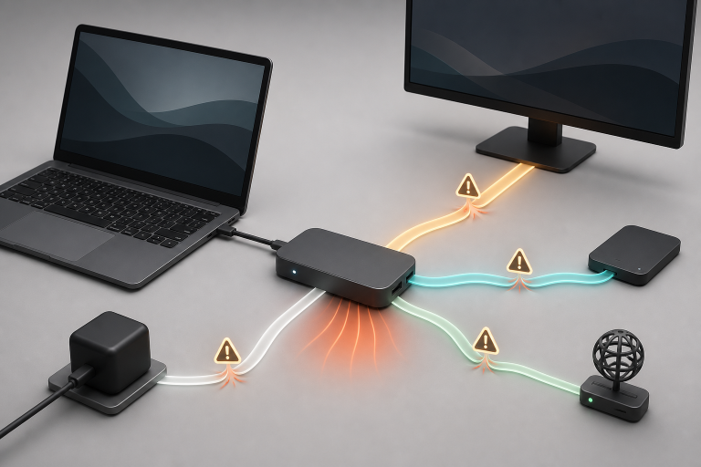 A generic laptop and USB-C hub branching to power, display, storage, and network connections with caution symbols