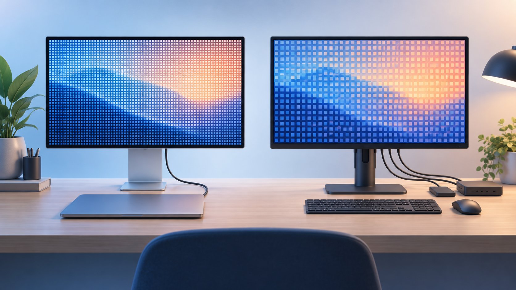 Two generic monitors illustrating the sharper 5K integration versus flexible 4K connectivity decision for Mac users