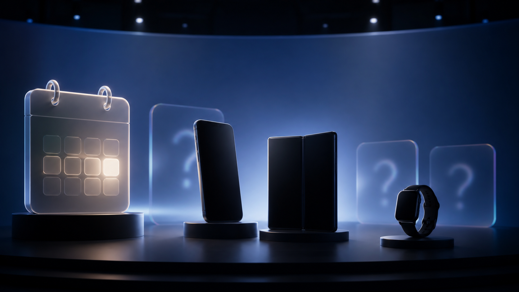 Apple September 2026 event buyer guide illustration with a calendar and generic phone, foldable, and watch silhouettes